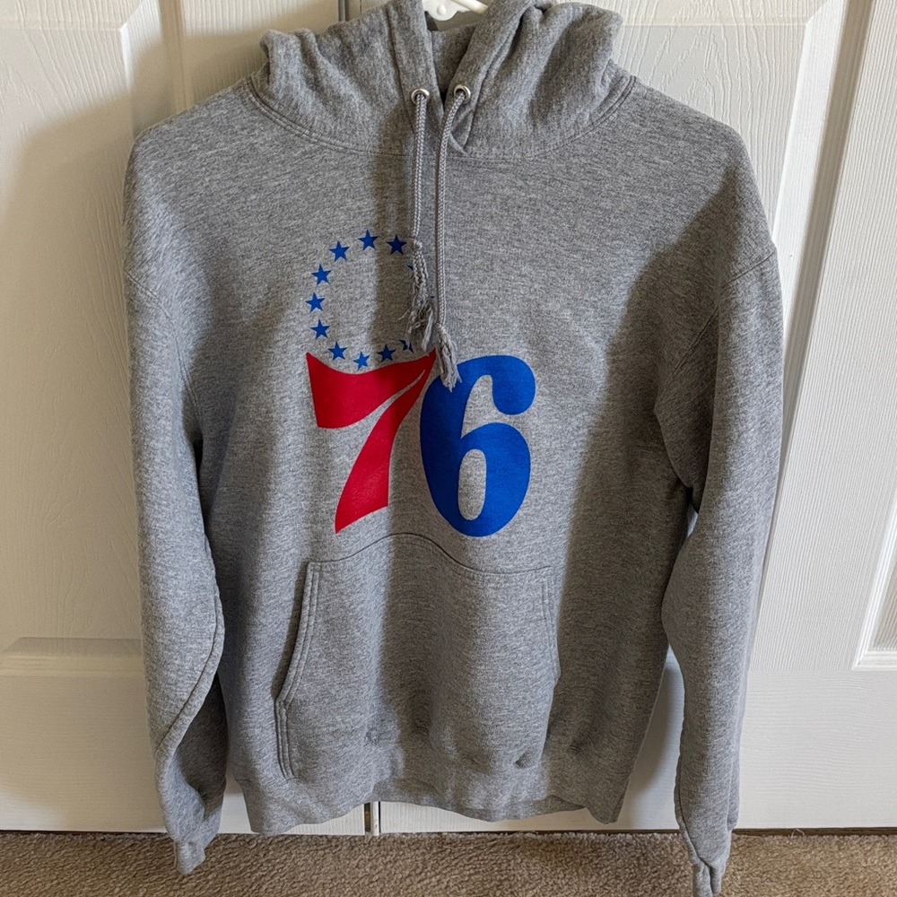 Fanatics Gray 76ers Hoodie with Red and Blue Accents